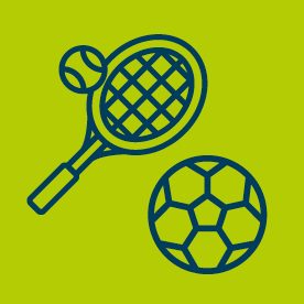 Tennis racket and football icons on green background