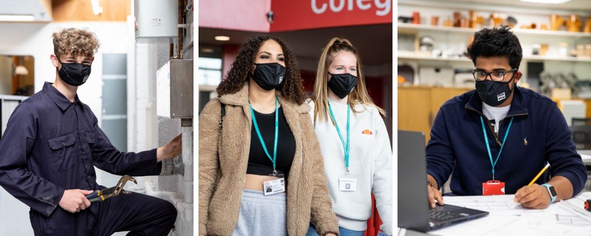 Coleg Gwent learners wearing Coleg Gwent face masks