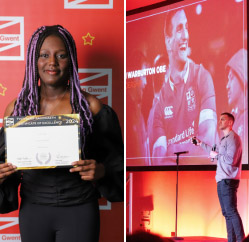 Students with certificates and Sam Warburton speaking at the Learner Awards evening